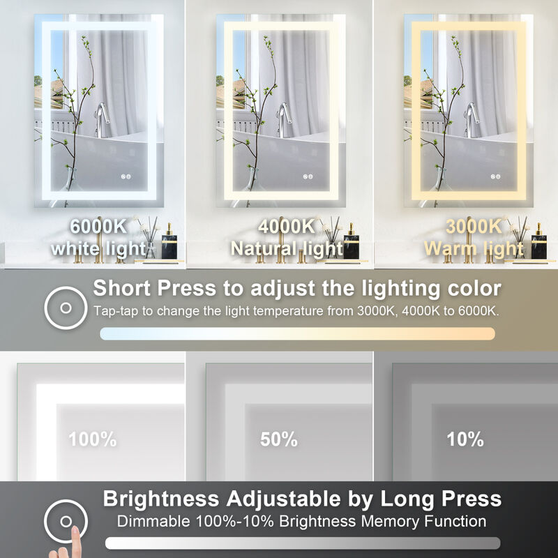 24x32 Inch LED Lighted Bathroom Mirror with 3 Colors Light, Wall Mounted Bathroom Vanity Mirror with Touch Button, Anti-Fog Dimmable Bathroom Mirror (Horizontal/Vertical)