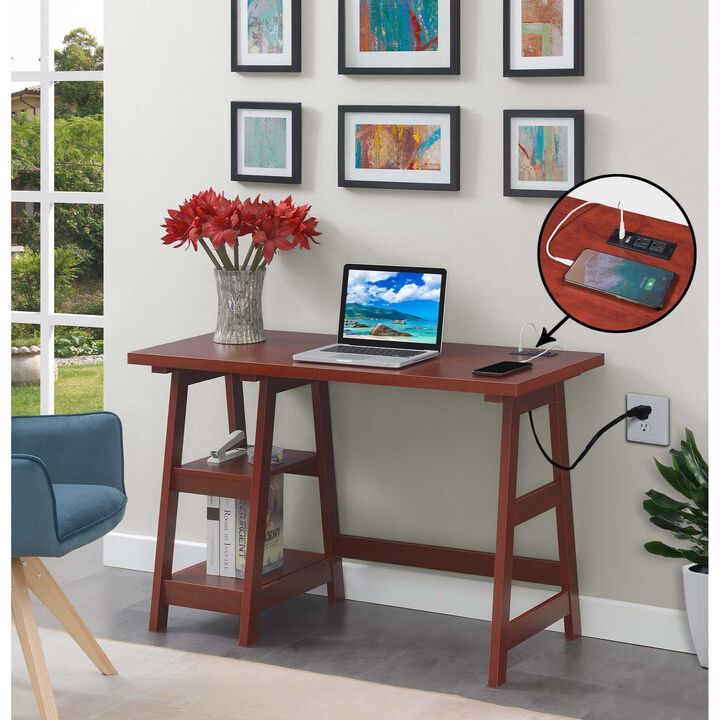 Convenience Concepts Designs2Go Trestle Desk with Charging Station and Shelves