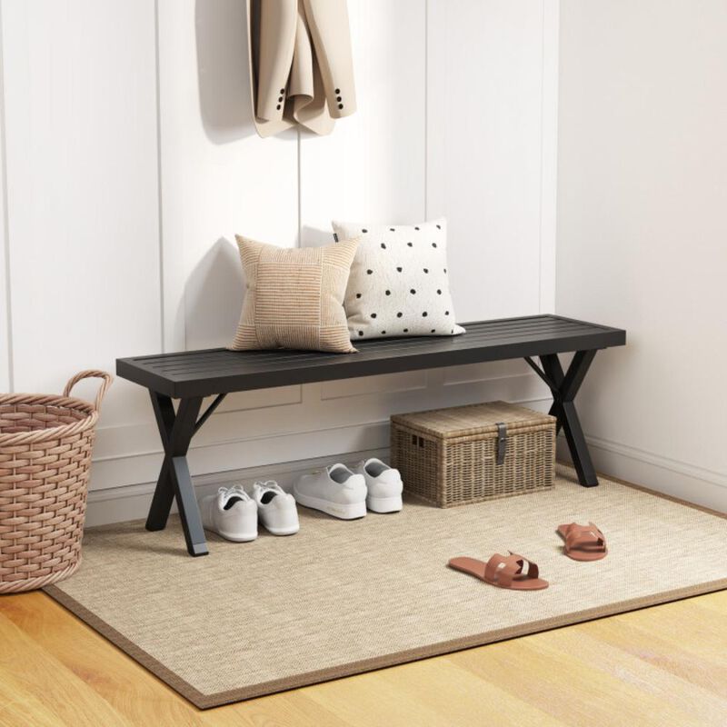 Hivvago Patio Metal Bench with Slatted Seat and X Legs