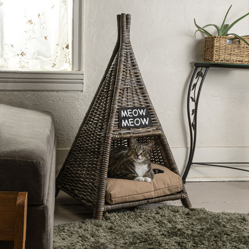 Tiki Tent Coastal Handwoven Rattan Cat Bed with Machine-Washable Cushion