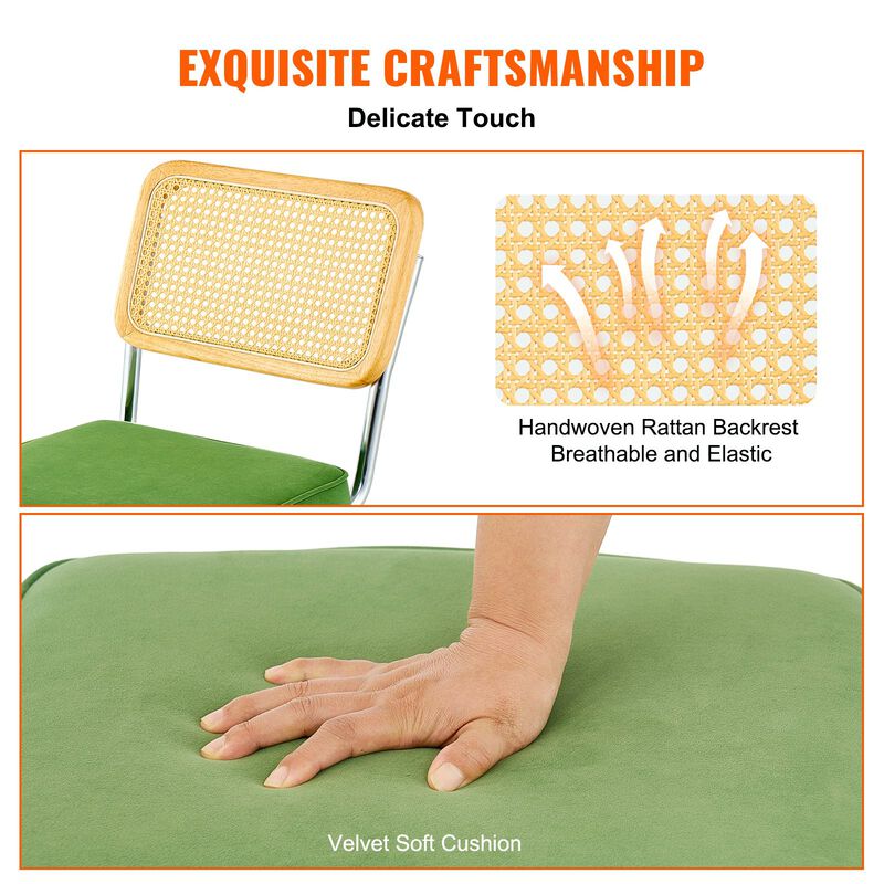 Set of 2 Rattan Dining Chairs Mid Century Modern Velvet Upholstered Accent Chairs