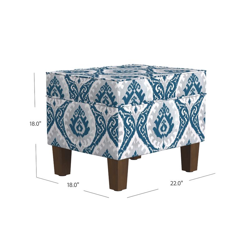 Ishi Accent Storage Ottoman, 22 Inch Blue White Ikat Paisley Pattern - Benzara