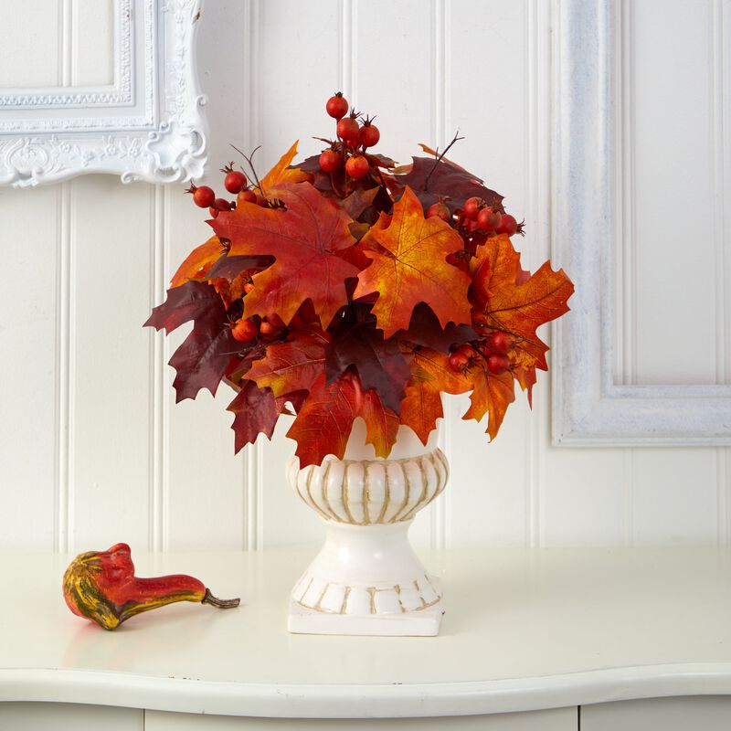 Hivvago 20" Autumn Maple Leaf and Berries Artificial Plant in White Urn