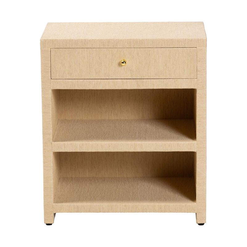 bali & pari William Grasscloth 1-Drawer Nightstand with Open Shelves - Woven Texture Bedside Table with Gold Knob, Modern Coastal Accent Table for Bedroom image number 3