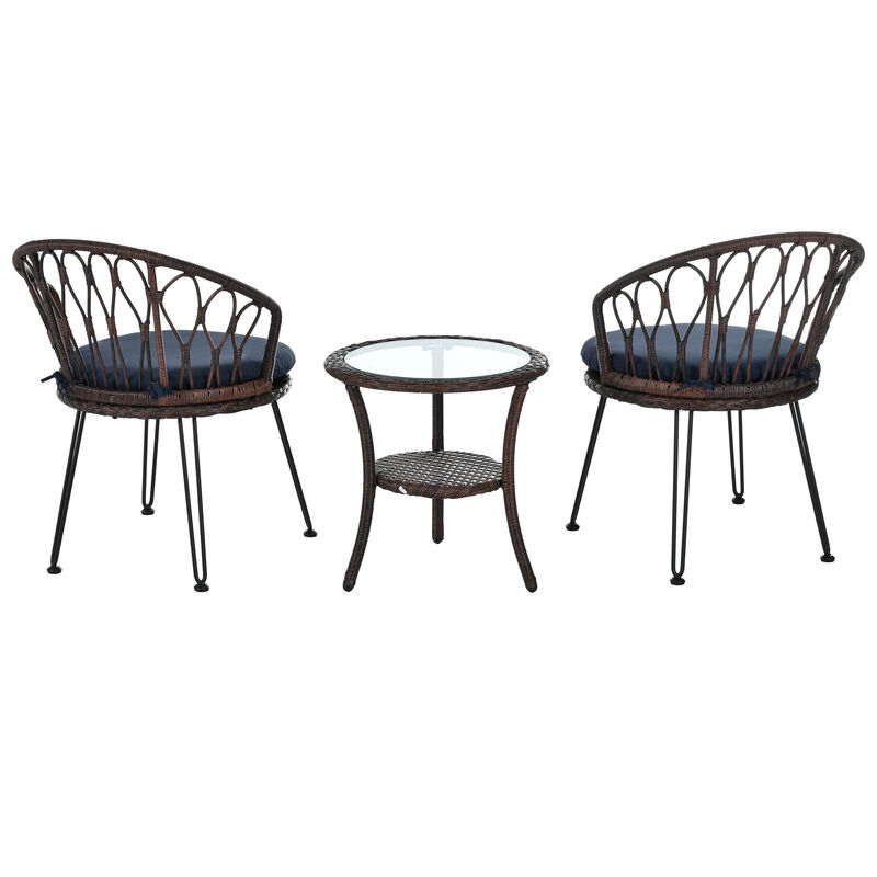 Whisen Outdoor Leisure Set, 2 Rattan Single Chairs with A Glass Round Table, Perfectly Suited for Patios, Balconies, and Courtyards - Gray