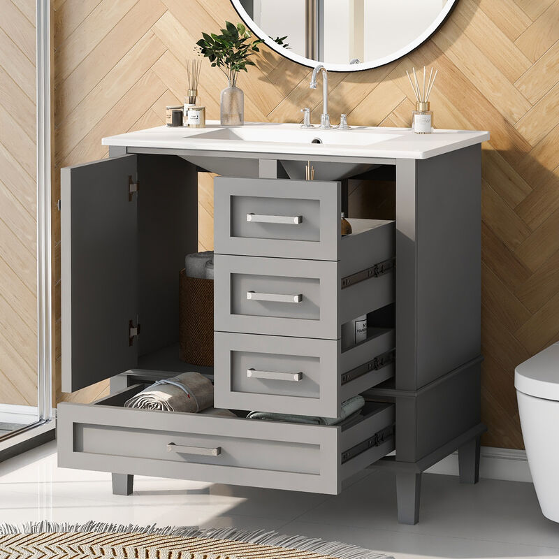 Whisen 30 in. Bathroom Storage Cabinet Bathroom Vanity with Ceramic Sink, Soft Close Door and 3 Drawers