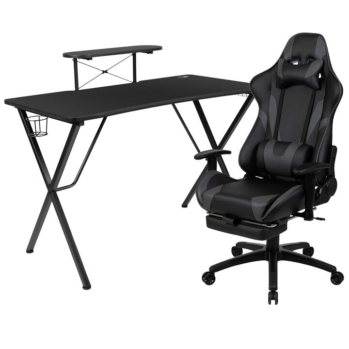 Flash Furniture Optis Black Gaming Desk with Cup Holder/Headphone Hook and Monitor/Smartphone Stand & Gray Reclining Gaming Chair with Footrest