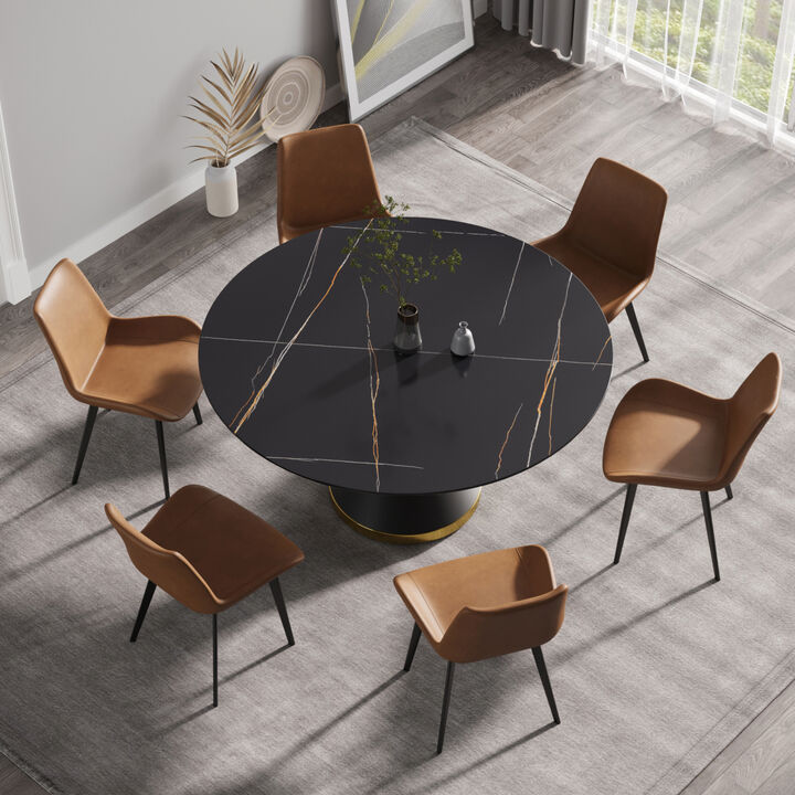 59.05" Modern artificial stone round black carbon steel base dining table-can accommodate 6 people