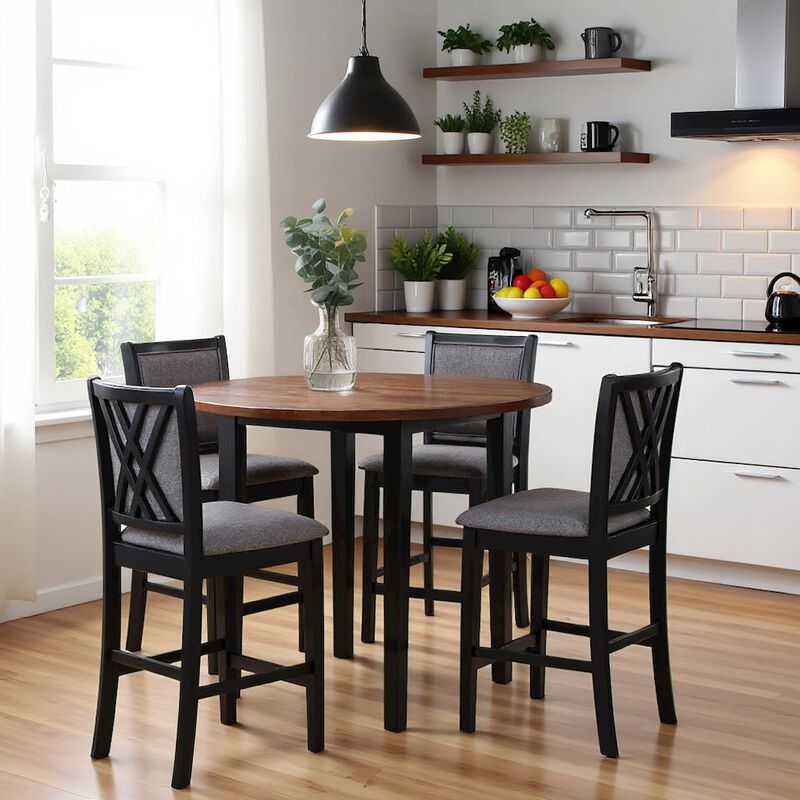 Black Round Dining Table with 4 Chairs, Solid Wood Dinner Table Set image number 1