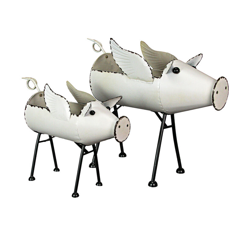 Rustic White Painted Galvanized Metal Flying Pig Standing Planters Set of 2 image number 0