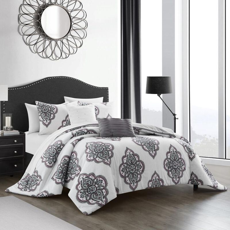 Chic Home Pacey Cotton Jacquard Comforter Set Medallion Embroidered Bedding - Decorative Pillows Shams Included - 5 Piece - King 106x92", Grey
