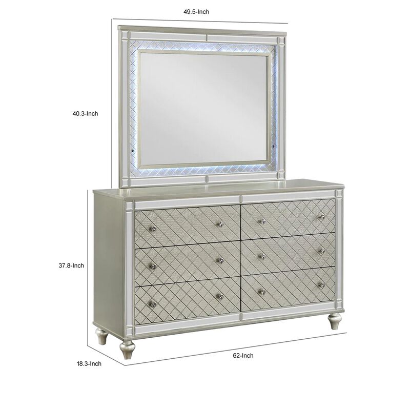 Benjara Cristo 62 Inch Wide Dresser with Mirror, 6 Drawers, Champagne Cross Pattern, Silver