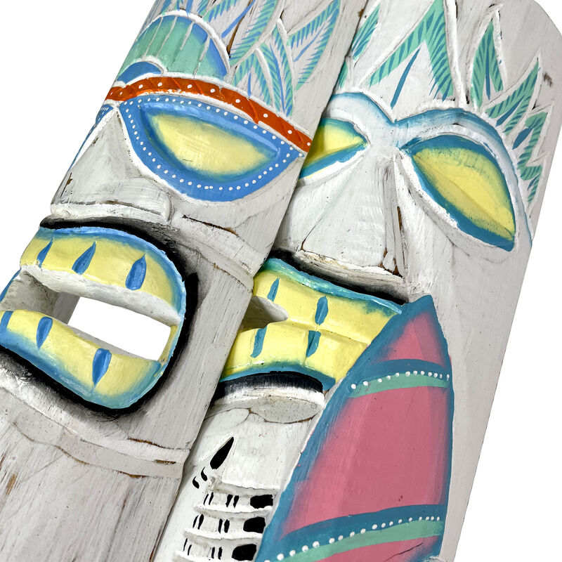 Set of 2 Pastel Surfer Tiki Masks 12" Hand-Carved Wooden Wall Decor Art image number 3