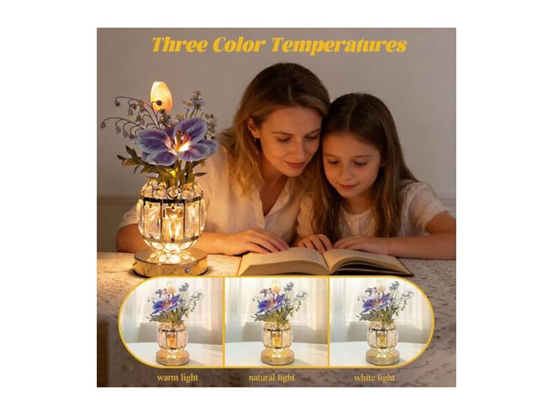 Rechargeable Cordless Dimmable Crystal Flower Table Lamp For Bedroom Purple image number 2