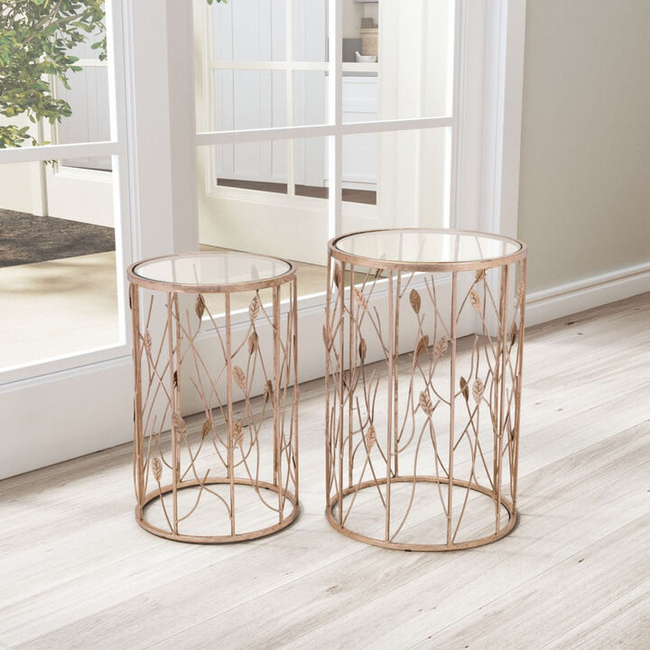 Homezia Set of Two Leaf Gold and Glass Side Tables
