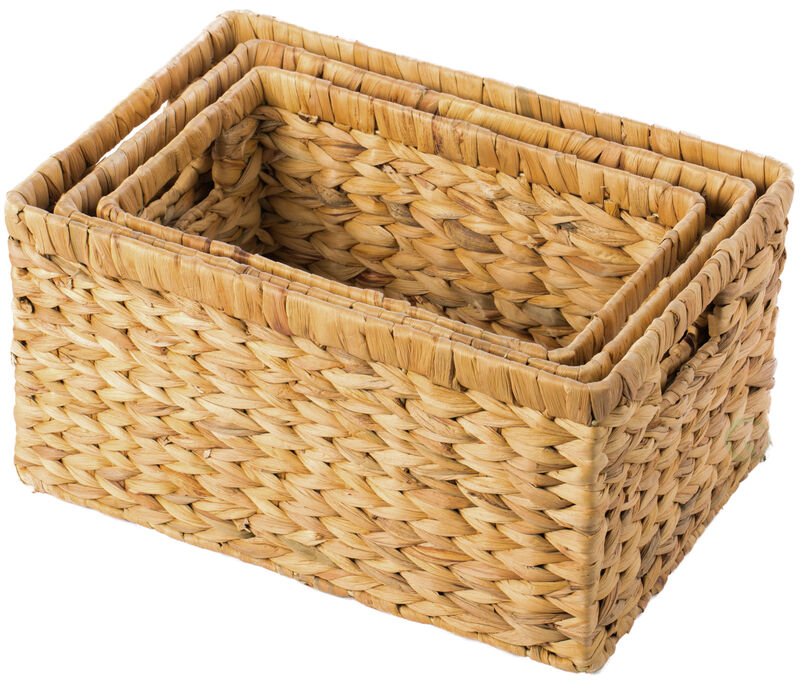 Natural Woven Water Hyacinth Wicker Rectangular Storage Bin Basket with Handles, Set of 3