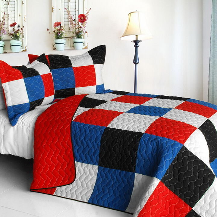 Queen Size Patchwork Quilt Set 3PC, Soft Vermicelli Quilted Bedding-Blue