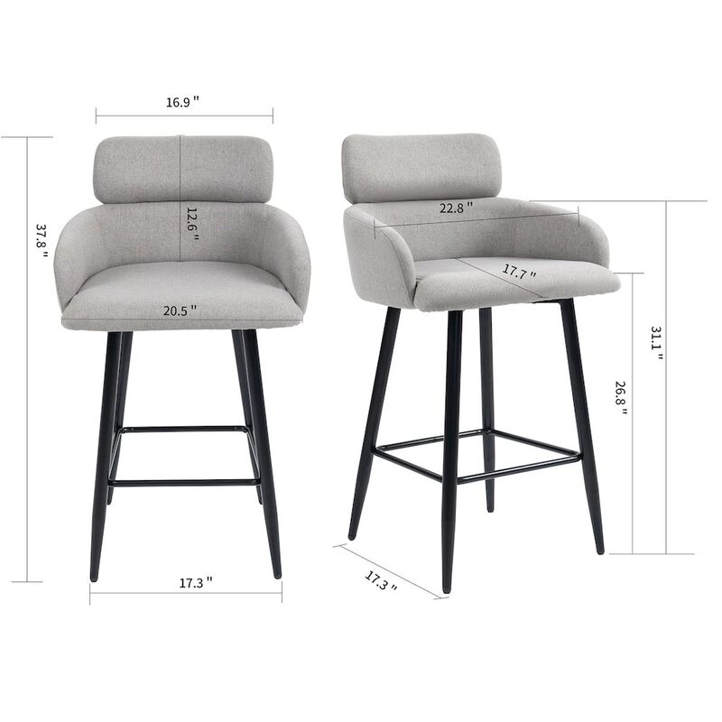 Glamour Home Set of 2 Barker Gray Fabric Tufted Bar Stool with Black Iron Legs