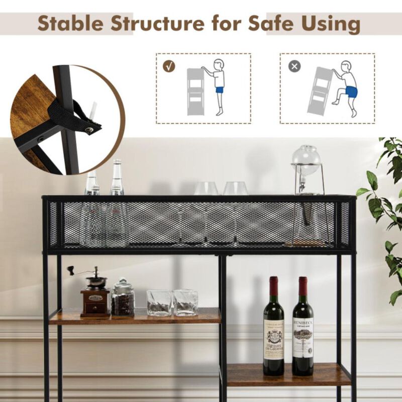 Hivvago 4-Tier Industrial Console Table with Wire Basket and shelf