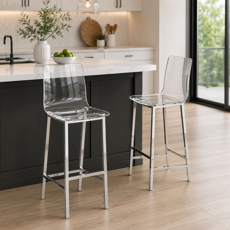 Elegant Acrylic Bar Height Stool with Chrome Base, Clear And Silver, Set of 2 image number 1