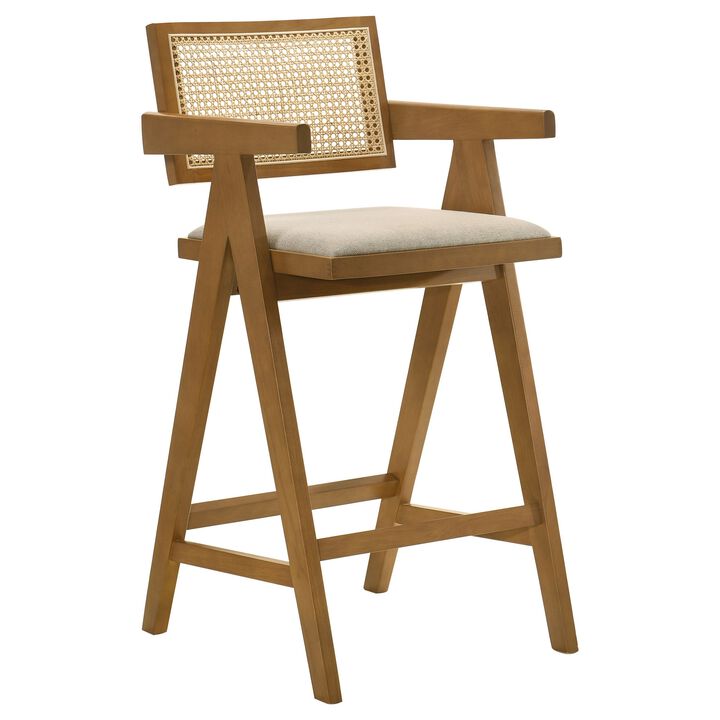 Jane Barstool Chair Set of 2, Sand Beige Rattan, Walnut Brown Solid Wood - Benzara
