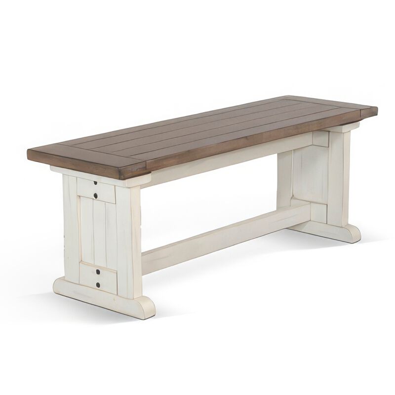 Dean Side Dining Bench, Plank Style Seat, Off White and Brown 48 Inch