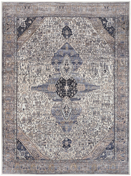 5 x 7 Ivory and Blue Oriental Power Loom Distressed Washable Non Skid Area Rug