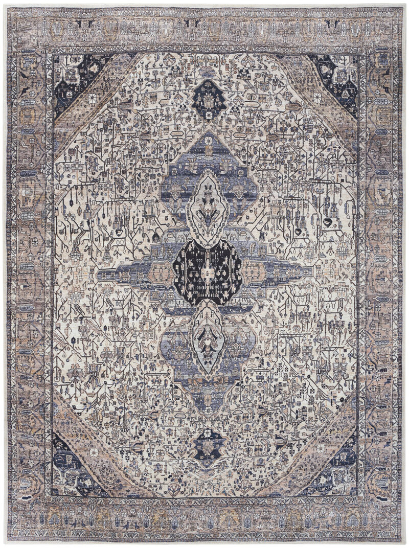5 x 7 Ivory and Blue Oriental Power Loom Distressed Washable Non Skid Area Rug image number 0