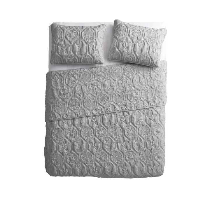 Hivvago King Coastal Beach Embossed Starfish Seashell Seahorse Grey 3-Piece Quilt Set