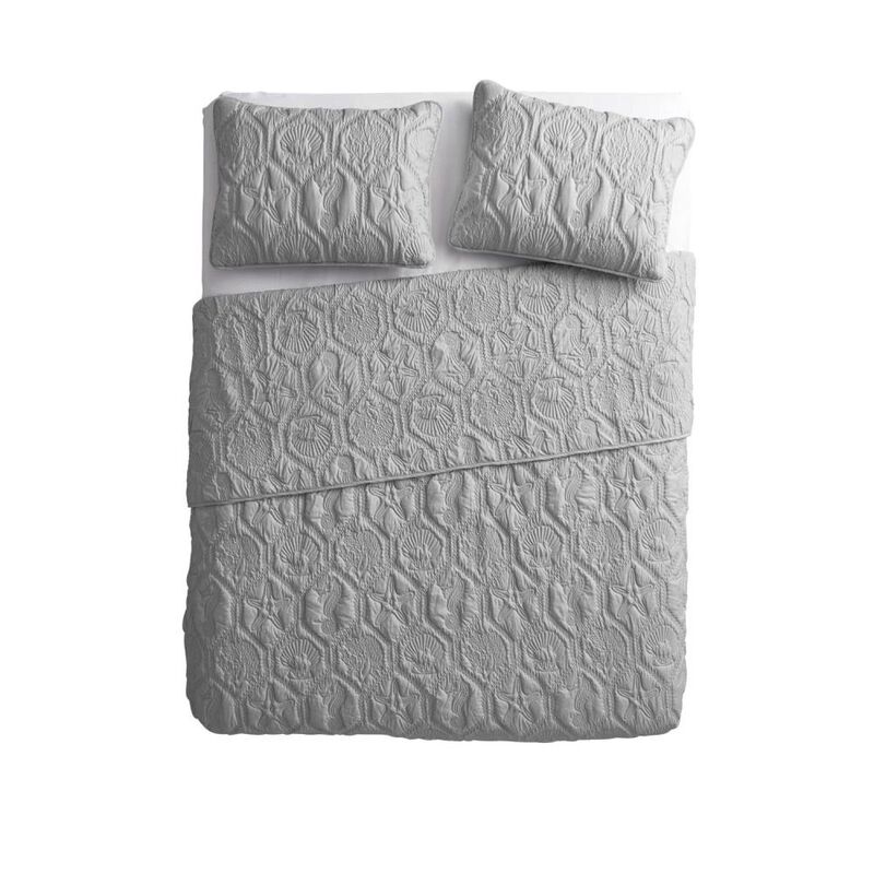 Hivvago King Coastal Beach Embossed Starfish Seashell Seahorse Grey 3-Piece Quilt Set