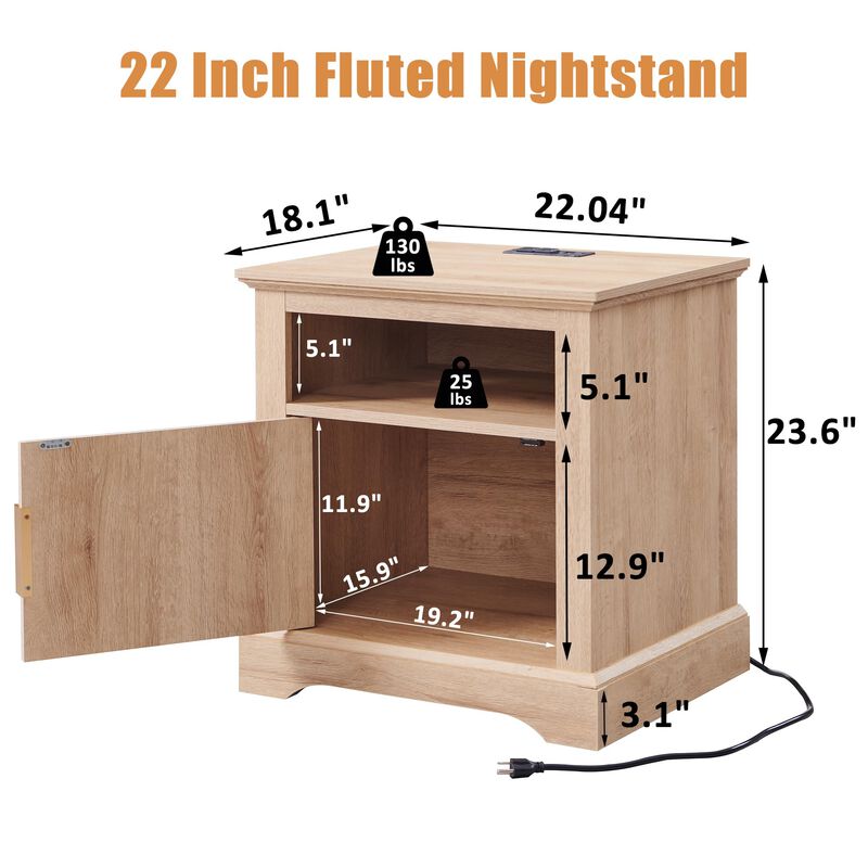 Fluted Wood Nightstand with USB & AC Charging, 22" Wide Side Table, Open Shelf