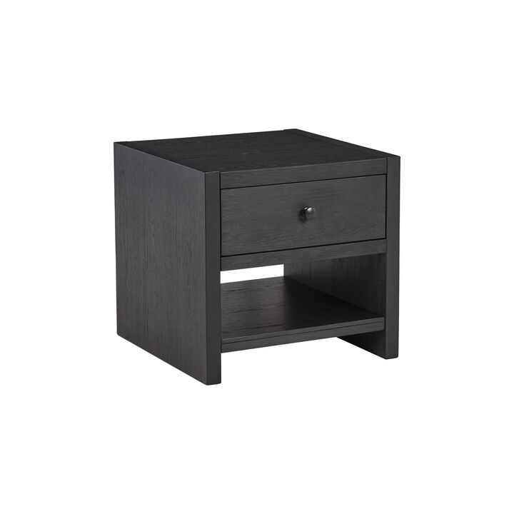 24 Inch Square Side End Table, Wire Brushed Black Wood, Single Drawer -Benzara