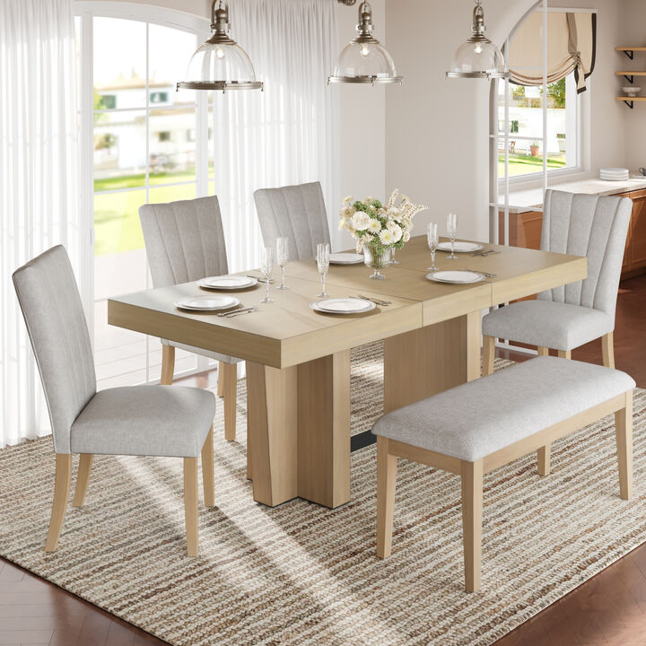 Merax Solid Wood Extendable Dining Table Set with 4 Cushioned Chairs & Bench