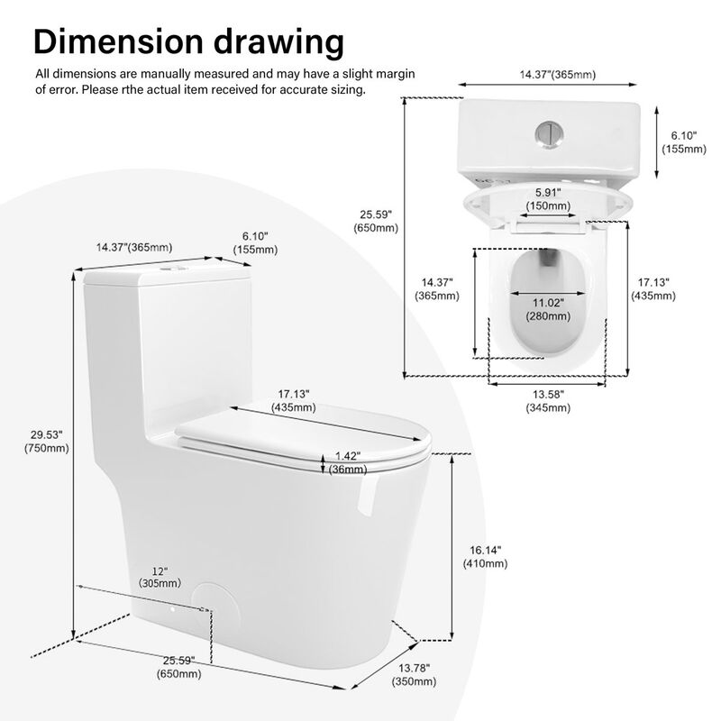 Bothwa Home 14.37"W CUPC Certified, One Piece Elongated Confort Height Toilet, Super Quite Flushing, Dual Flush, Ceramic, Watersense, Leak Resistant image number 9