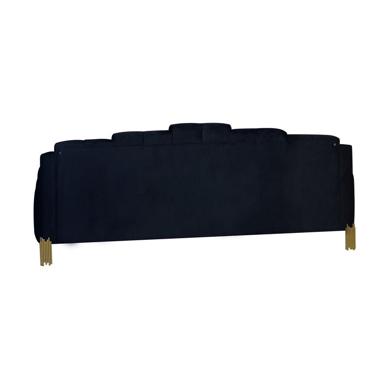 Theo Sofa, Black Velvet, Blue LED Lights, Gold Metal Legs, 83 Inch - Benzara