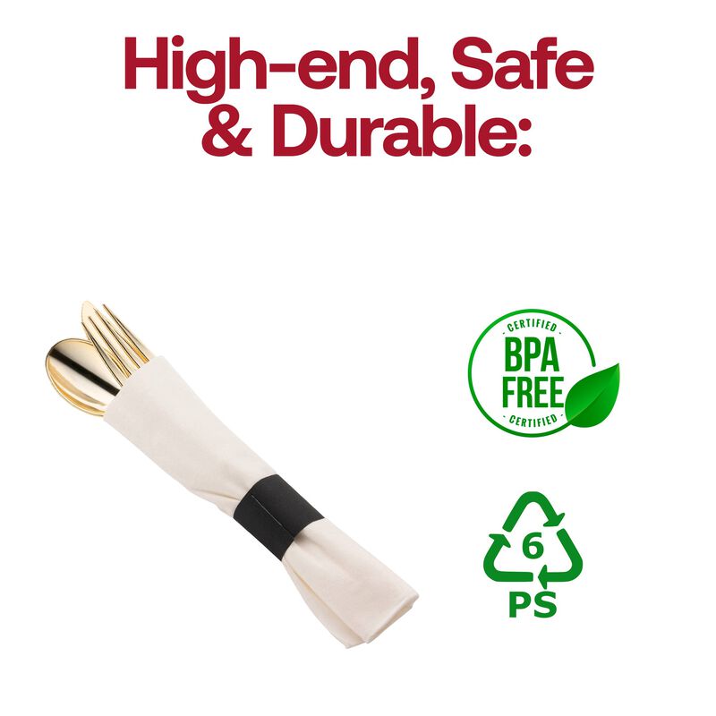 Gold Plastic Cutlery in White Napkin Rolls Set (100 Sets) image number 4