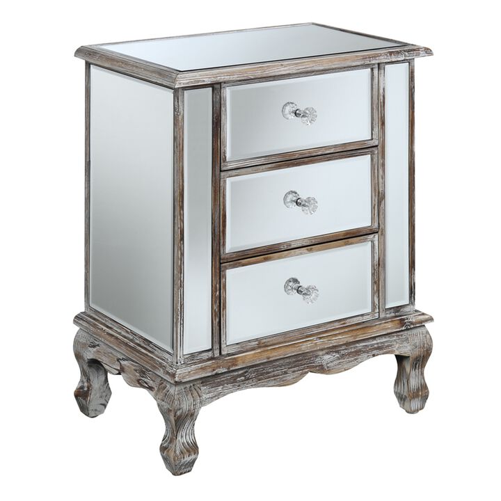 Convenience Concepts Gold Coast Collection 3-Drawer End Table, 12 in x 19 in x 24.75 in, Weathered White/Mirror