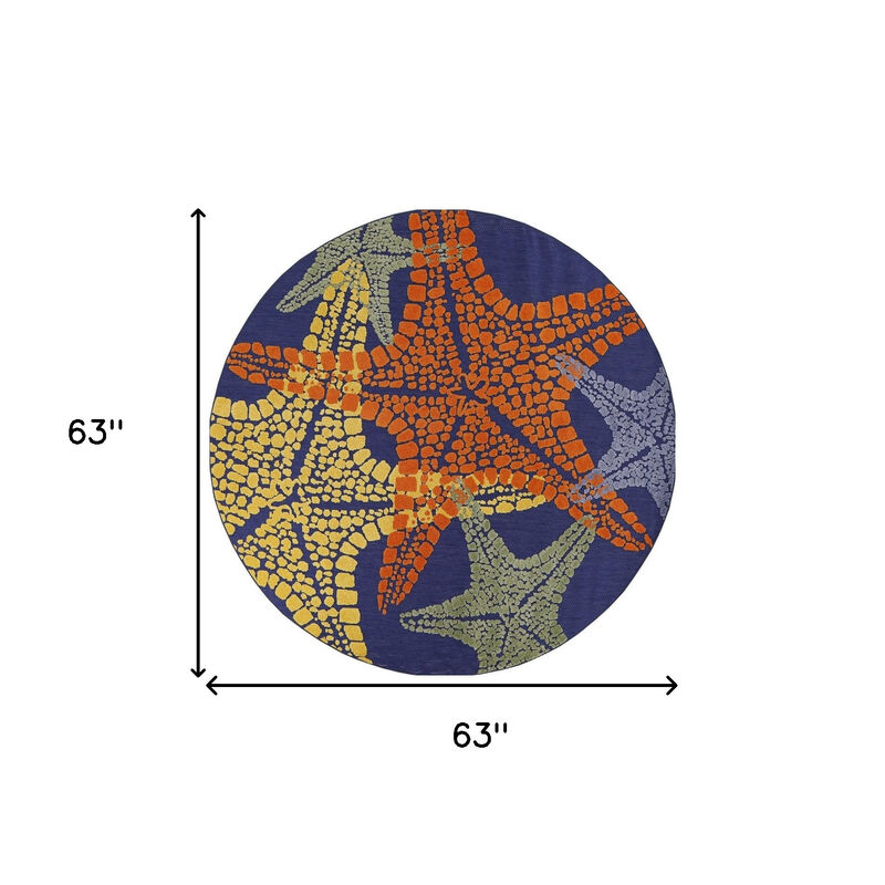HomeRoots 5' Blue Yellow And Orange Round Starfish Indoor Outdoor Area Rug image number 6