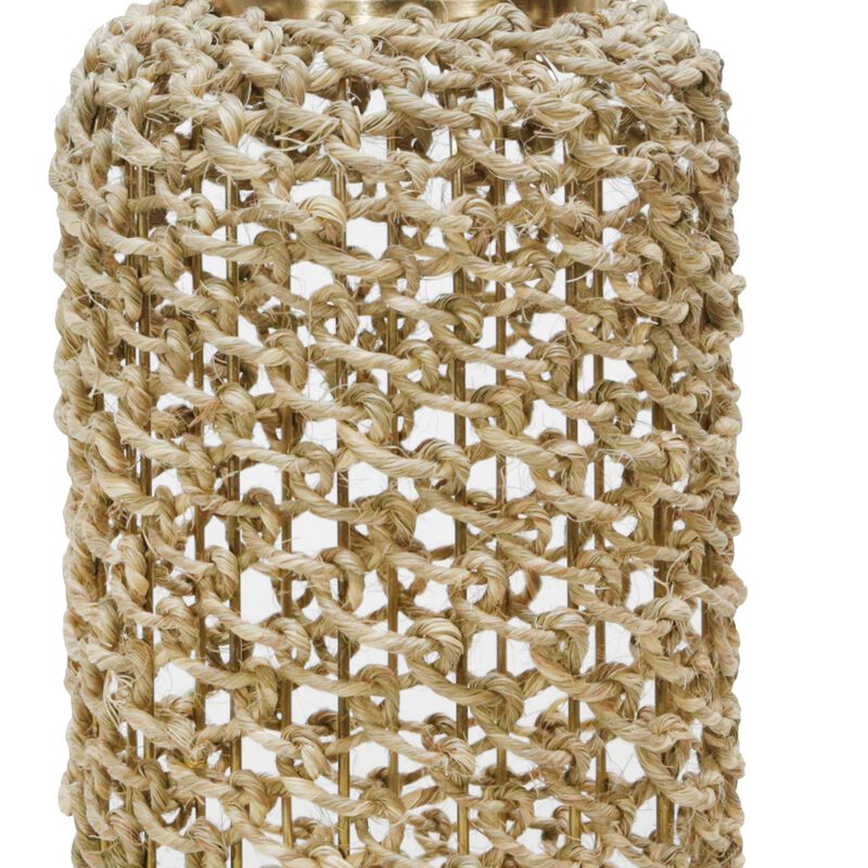 Cylindrical Rattan Lantern with Metal Frame and Handle,Large,Brown and Gold - Benzara image number 2