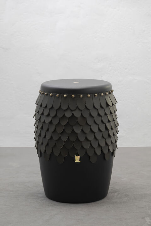 SITIERA_01 Solid Wood Stool, with Olivo Thick Leather Accents, and Aged Bronze by ANDEAN, In Stock