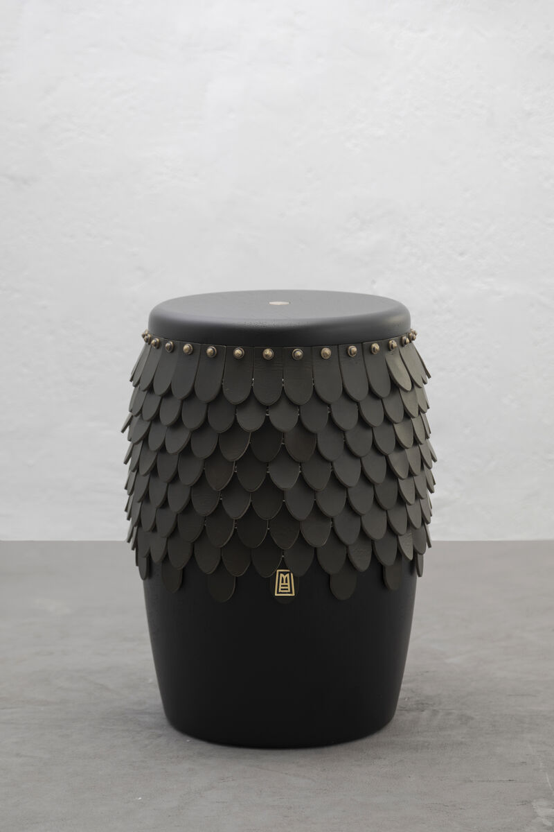 SITIERA_01 Solid Wood Stool, with Olivo Thick Leather Accents, and Aged Bronze by ANDEAN, In Stock