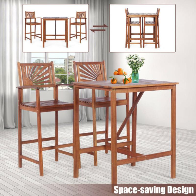 Hivvago 3 Pieces Acacia Wood Patio Bar Set with Sunflower Patterned Backrest