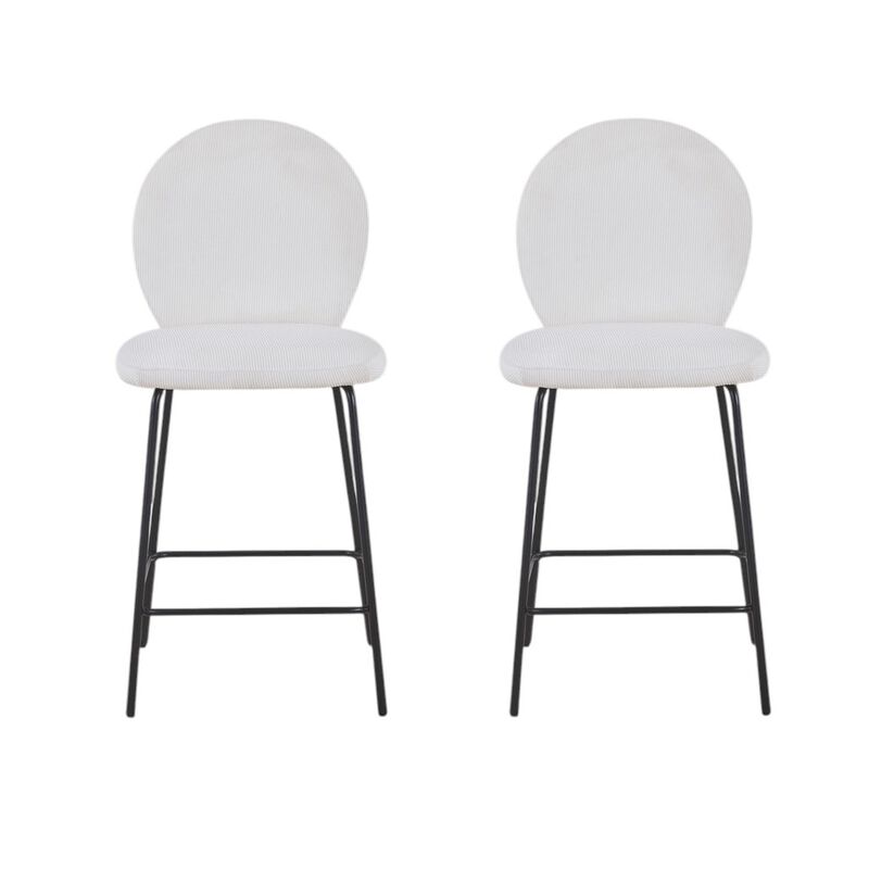 HomeRoots Set of Two 26" Cream and Black Corduroy and Metal Counter Height Bar Chairs