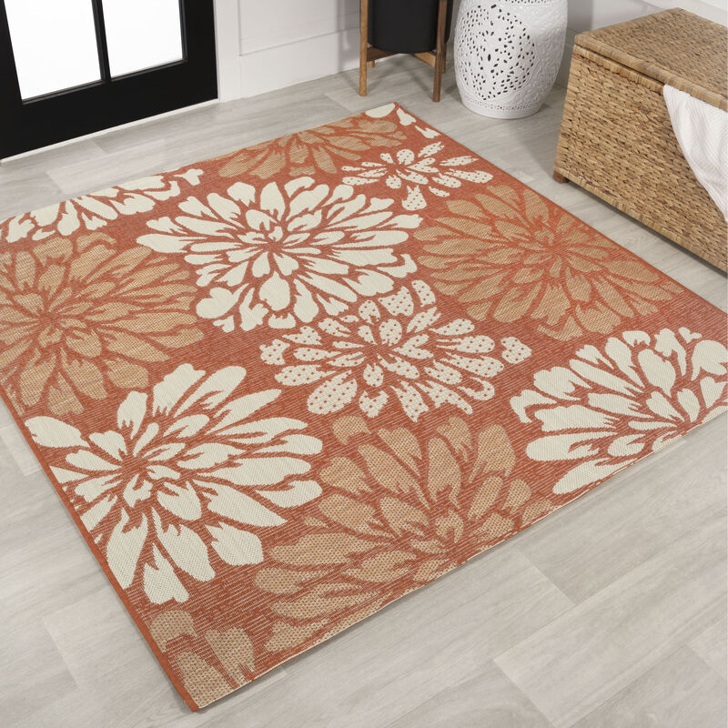 Zinnia Modern Floral Textured Weave Square Indoor/Outdoor Area Rug