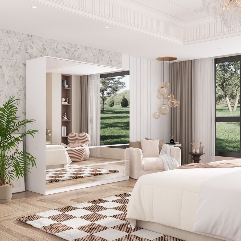FUFU&GAGA Modern White Armoire with Full-Length Glass Mirrors &ndash; Elegant Wardrobe with Ample Storage and Robust Construction, (63" L x 19.7" W x 70.9" H),Silver