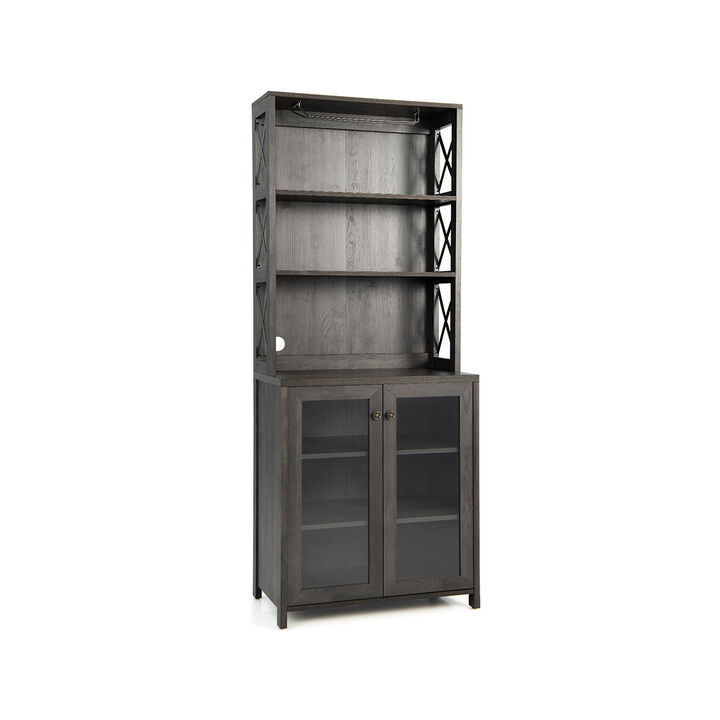 Tall Freestanding Bar Cabinet Buffet with Glass Holder and Adjustable Shelf-Gray