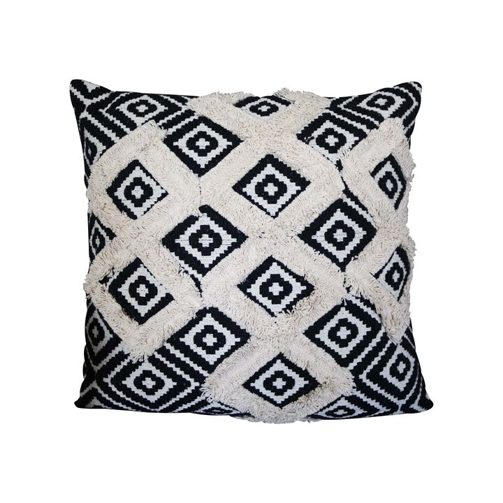 18 x 18 Handcrafted Square Jacquard Soft Cotton Accent Throw Pillow, Diamond Pattern, Set of 2, White, Black-Benzara