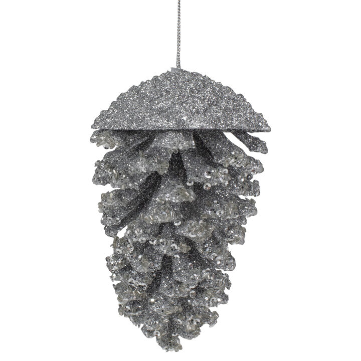 5" Silver Glitter and Sequins Pine Cone Christmas Ornament