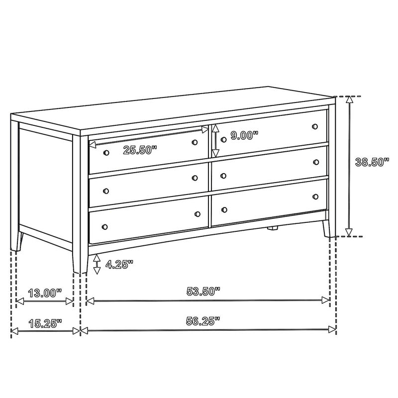 Wily Wide Dresser, Dark Brown Wood, 6 Drawers with Round Nickel Knobs - Benzara