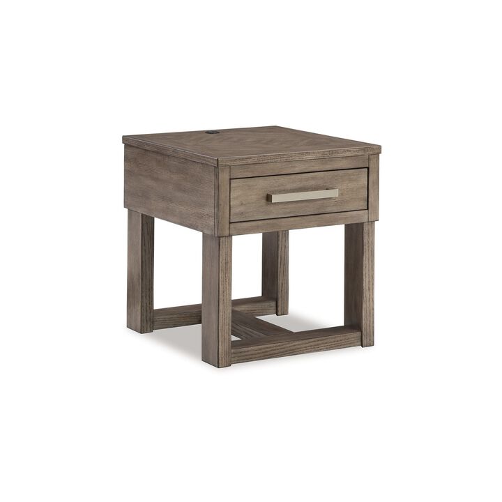 Aska Rectangular Side End Table with Drawer, USB Port, 24 Inch Gray